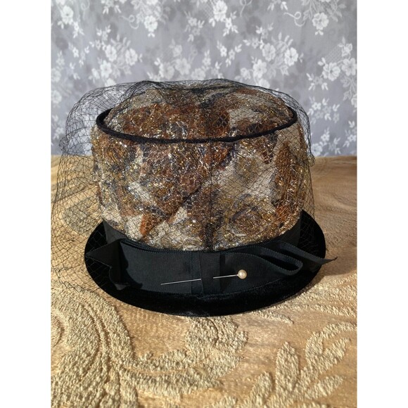 Vintage 60s Cloche Hat 1960s Gold & Black Oversize Pillbox Retro Jackie Kennedy